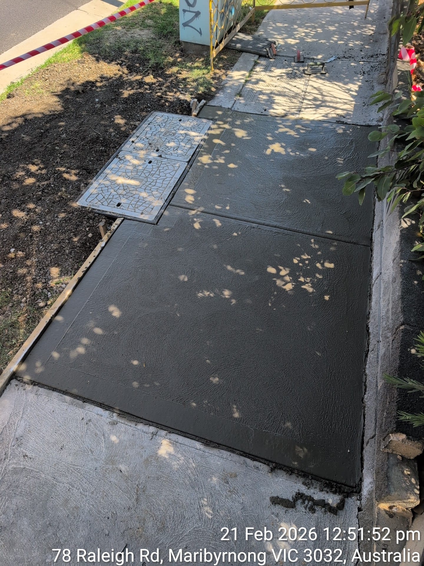 Footpath fully reinstated with new concrete after trenchless works, Maribyrnong VIC